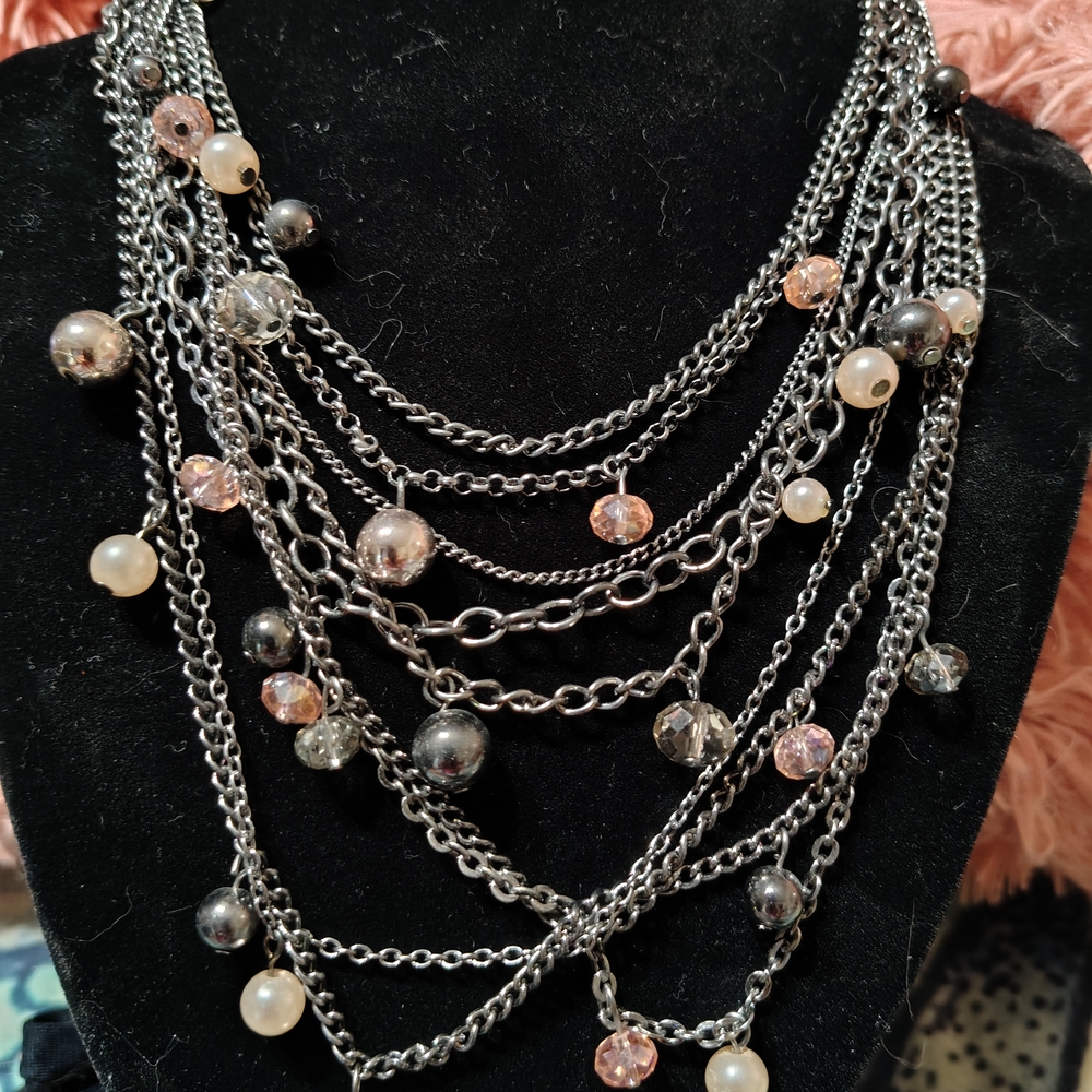 Black Shiny Metal Multi-Layered Necklace/ See Info And  Pics